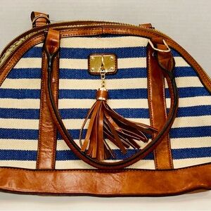 Y2K Elegant Striped Dome Satchel striped in canvas/cotton Brown and Blue VTG